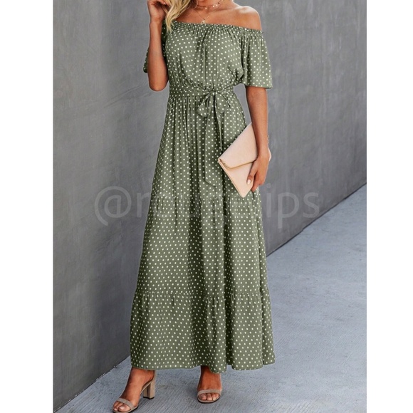 Off Shoulder Green Polka Dot Maxi Dress Flared, Flounce, Long, Belted - Picture 5 of 7